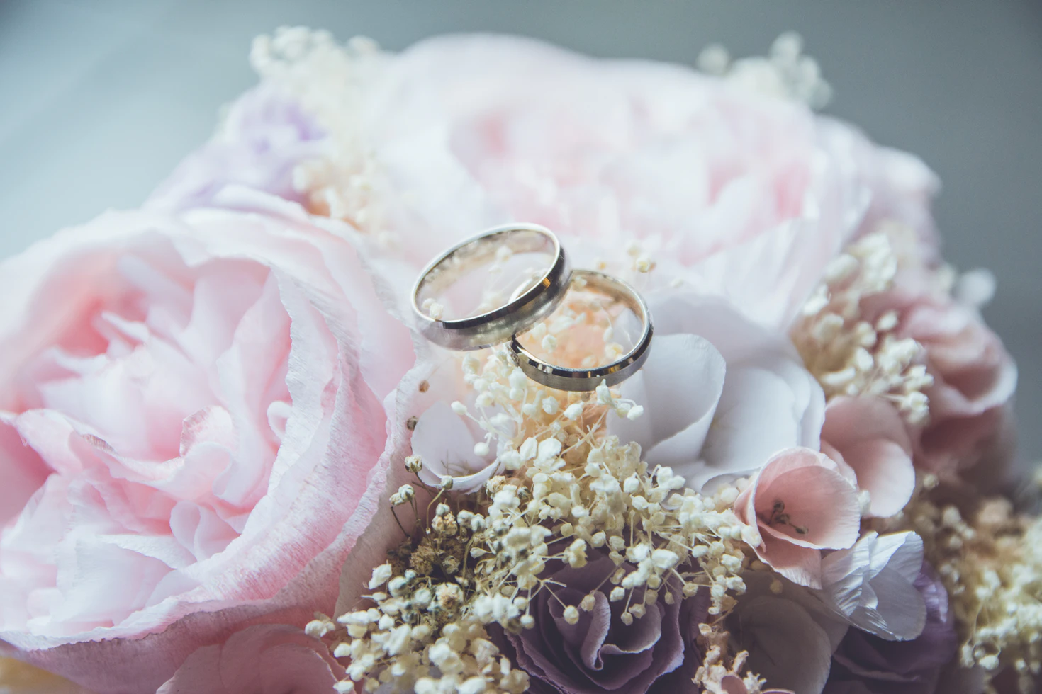 Close-up photograph of two wedding rings laying on a rose bouquet